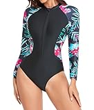 SHAPERIN Langarm Badeanzug Damen Rundhals Einteilige Bademode Mit Reißverschluss Vorne Rash Guard...