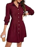 KOJOOIN Blusenkleid Damen Langarm Corduroy Hemdkleid A-Linien Tunika Kleid Minilänge Cordkleid mit...