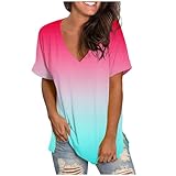 TURWXGSO T-Shirts für Damen, kurzärmelig, Farbverlaufsdruck, V-Ausschnitt, Tunika, Bluse, lässig,...