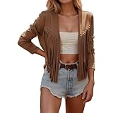 Damen Braun Jeansjacke Kurz Bikerjacke Lederjacke Reverskragen Motoradjacke Leder Cowboy Cowgirl...