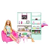 Barbie Kuschliges Café Spielset - Puppe, Möbel und 21 Zubehörteile inklusive Teekanne mit...