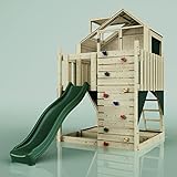 Rebo Spielhaus aus Massiv-Holz mit Acryl-Glas | Spielturm mit Kletterwand, Wellenrutsche und...