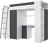 FurnitureByJDM Hochbett mit Schreibtisch, Kleiderschrank und Bücherregal - VERANA L - (Craft...