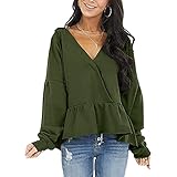 Damenbluse mit V-Ausschnitt, reine Baumwolle, leicht, Kordelzug, langärmelig, Rüschen, gestuftes,...