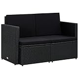 QJBSAVVA 2-Sitzer Gartensofa Schwarz 118x65x74 cm, wetterfestes Poly-Rattan Outdoor Sofa mit 5 cm...