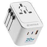 decqle Reiseadapter Weltweit, Universal Reisestecker mit 2 USB-C (PD 20W), 1 USB-A und 1 AC...