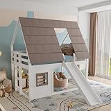 RIAZOS Etagenbett 140x200 cm, Hochbett mit Rutsche, Kinderbett mit Dach, Hausbett mit Fenster,...