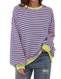 DUOEASE Langarmshirt Damen Streifen Oberteile Herbst Rundhals Pullover Y2K Sweatshirt(Grün-Rose,S)