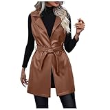 Duohropke Leder Weste Damen Lang Lederjacke Ärmellos Kunstlederweste Revers Ledermantel...