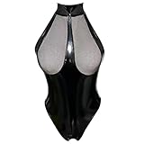 Damen Wetlook Leder Bodysuit Brust Harness PU Leder Halsband mit Kette Erotik String Body...