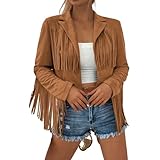 Kunstlederjacken Damen Langarm Cropped Jacke mit Quaste Hippie Cowgirl Cowboy Karneval Kostüm...