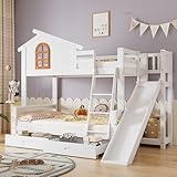 Aoskem Kinderbett Etagenbett 90x200 & 120x200, mit 2 Schubladen, Hochbett Hausbett Holzbett, Leiter...