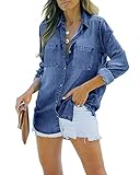 Feziakuk Damen Jeanshemd Button Down Jeansbluse Langarm Weich Denim Hemd Casual Jeansjacke Frühling...