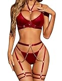 RSLOVE Damen Dessous Set mit Strapse - Erotische BHS und Slips, 6-teilig Rot L