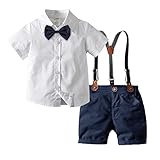 Baby Anzug Junge Hochzeit Kinder Festlich Kleidung Kurzarm Hemd+Fliege+Hosenträger+Shorts 4tlg...