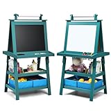 HOMASIS Kindertafel mit doppelseitiger Staffelei, Staffelei für Kinder aus Holz mit Papierrolle, 2...