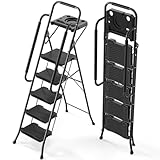 KINGRACK Leiter 5 stufen klappbar, trittleiter mit Ablagefläche, Sicherheitshandlauf, breite Pedal...