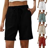 Damen Shorts, Sommerhose Damen Hose Damen Sommer Baumwolle Leinen Shorts Frauen Elastischer Bund...