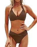 Yonique Zweiteiliger Damen-Badeanzug, Push-Up-Bikini-Set, Neckholder, Vintage-Bademode, Braun,...