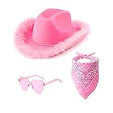 hehiy Pinker Cowboyhut für Damen, Filz-Western-Cowboyhut mit Halsband, Krone, rosa Cowgirl-Hut,...