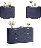 UEV Schlafzimmer Komplett-Set in blau, 3er-Set Schlafzimmermöbel, Kommode mit 6 Schubladen und...