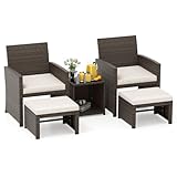 COSTWAY Rattan Gartenmöbel Set, Balkonmöbel, Balkonset inkl. 2 Stühle mit Kissen, Hocker & Tisch,...