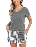 Bresdk Pyjama Set Damen Kurz Sommer Shorty Frauen Schlafanzüg Set M1300 Grau Gestreift L