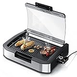 Arendo - Gourmet Tischgrill Elektrogrill Edelstahl - 1800 W - mit Glasabdeckung - für Balkon Garten...