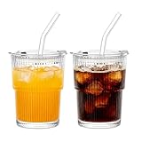 380 ml Glasbecher mit Deckel und Strohhalmen – 2 Stück, klarer, auslaufsicherer Becher,...