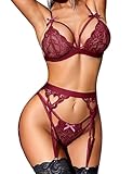 RSLOVE Damen Dessous Set mit Strumpfhalter - 3-teiliges Spitzen Teddy Babydoll Bodysuit Wein Rot...