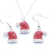 Halskette Ohrringen Weihnachtsset, Niedlich Weihnachtsmannmütze Schmuck mit Strass, Weihnachtskette...