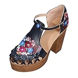 Damen Sommer Retro Mode Runde Spitze Blume Große Absatz Schnalle Sandalen Hausschuhe Für Frauen...