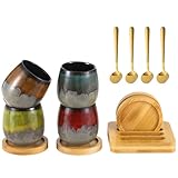 Handbemalte Espressotassen aus Keramik, 4 Sets mit vergoldeten Löffeln, Untersetzer aus Holz,...