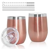 Fsaklaskdy 2 Pcs Geschenke für Frauen, Edelstahl Weinbecher Isoliert mit Deckel und Strohhalm, 12...