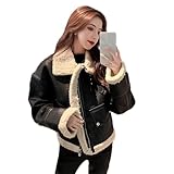 Winter-Damen-Bikerjacke Dicker Warmer Kunstleder-Lammfellmantel Black XXL