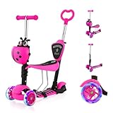 YOLEO 5-in-1 Kinder Roller Scooter mit Abnehmbarer Karikaturkorb Sitz Schubstange LED große Räder...