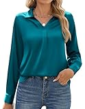 Zeagoo Longbluse Damen Satin Seide Bluse V-Ausschnitt Tunika Elegant Langarm Blusen Festliche...