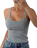 Wenrine Damen Tops Sommer Sexy U-Ausschnitt Gerippt Spaghetti Top Slim Fit Cami Einfarbig(Grau,M)
