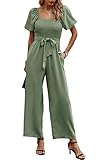 Toplop Jumpsuit Damen Elegant Sommer Hosenanzug mit Quadratischem Ausschnitt und Gürtel Kurzarm...