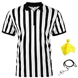 Herren Offiziell Schiedsrichter Trikot, Schwarz Weiß Streifen Hemd mit Umgedrehtem Kragen, Gelb...