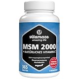 MSM 2000 mg + natürliches Vitamin C, 365 vegane Tabletten für 6 Monate, hochdosiert, 99,9% reines...