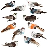 com-four® 12x Dekovogel - künstliche Vögel in 4 bunten Farben - Dekovögel mit Federn und...