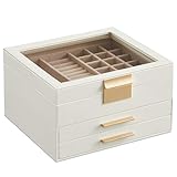 SONGMICS Schmuckkästchen, Schmuckkasten mit 3 Ebenen, Schmuckbox mit Glasdeckel, 2 Schubladen,...