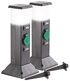 Royal Gardineer Energiesäule Garten: 2er-Set 2-fach-Garten-Steckdosen mit Beleuchtung, IP44...