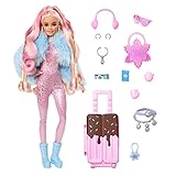 Barbie Extra Fly - Reisepuppe mit Winter-Outfit und Zubehör, 15 Accessoires wie Ohrenschützer,...