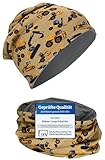 HECKBO Kids Beanie & Loop Set - Baufahrzeuge Bagger Laster - Jersey Wendemütze - 2-8 Jahre,...