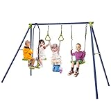COSTWAY 3-in-1-Kinderschaukel mit Schaukel, Wippe und Turnringe, Schaukelgestell aus Metall,...