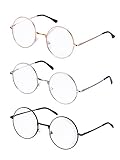 Mudder 3 Paar Retro Metall Brille mit Klarem Glas - Runde Unisex Brillenfassung im Vintage Look,...