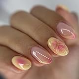 GlamRays Press on Nails Kurz Mandeln French Tip Falsche Nägel Falsche Nägel mit Design 3D Blume...