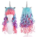 Einhorn Perücke Damen mit Ohren und Horn, Perücke Damen Karneval, Einhorn Lange Lockige Perücke,...